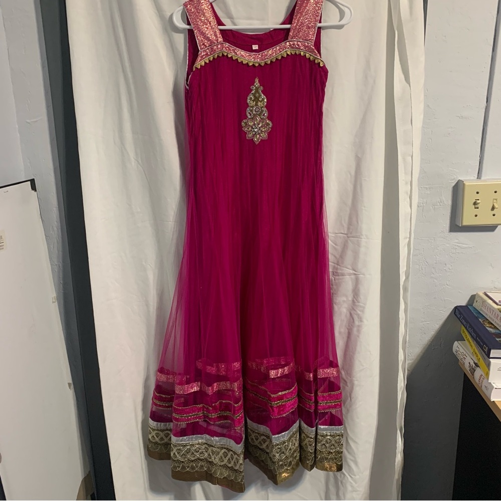 Magenta Pink and Gold Anarkali/ Churidar/ Salwar Kameez with Pants. Size S/M
